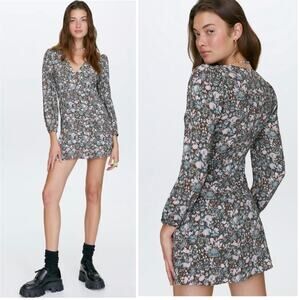 EUC Aritzia Sunday Best Grayson Floral Print Long Sleeve Mini Dress 8 Mocha Teal